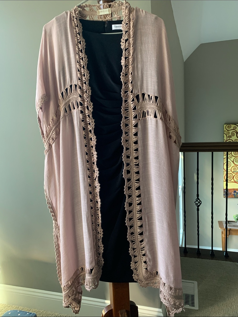 Delicate Crochet-Trim Open Front Kimono - Blush Pink